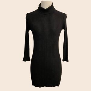 Monrow Black Ribbed Turtle Neck 3/4 Sleeve Knit Mini Dress Size Small